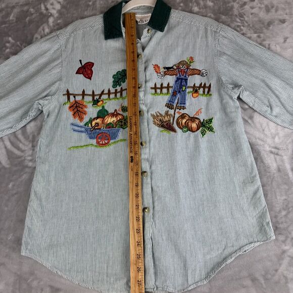 VTG Casey & Max Embroidered Button Up Shirt Women's M Green Stripe Autumn (1138) - Picture 10 of 10